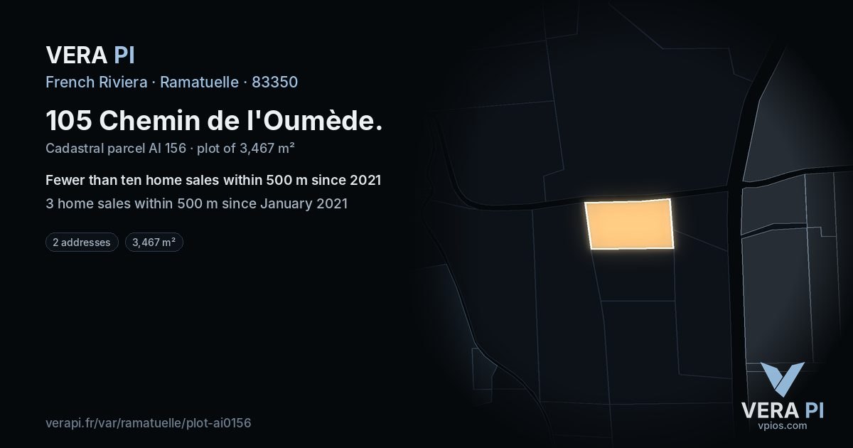 105 Chemin de l'Oumède, Ramatuelle at night – the plot lit, the parcels around coloured by the prices near them