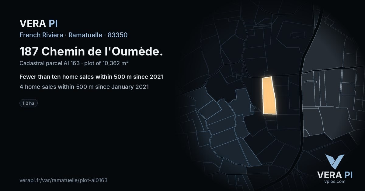 187 Chemin de l'Oumède, Ramatuelle at night – the plot lit, the parcels around coloured by the prices near them