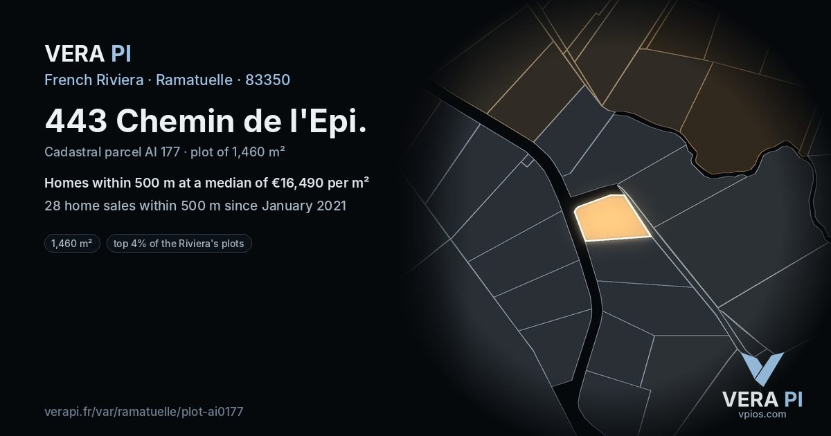 443 Chemin de l'Epi, Ramatuelle at night – the plot lit, the parcels around coloured by the prices near them