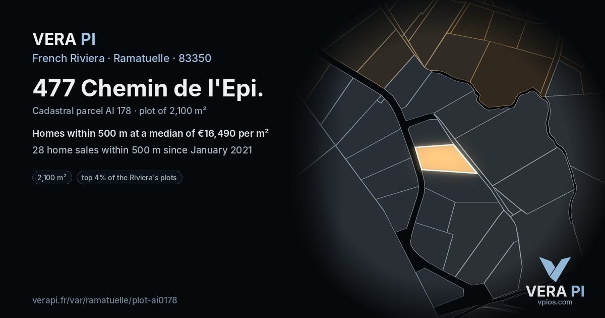 477 Chemin de l'Epi, Ramatuelle at night – the plot lit, the parcels around coloured by the prices near them