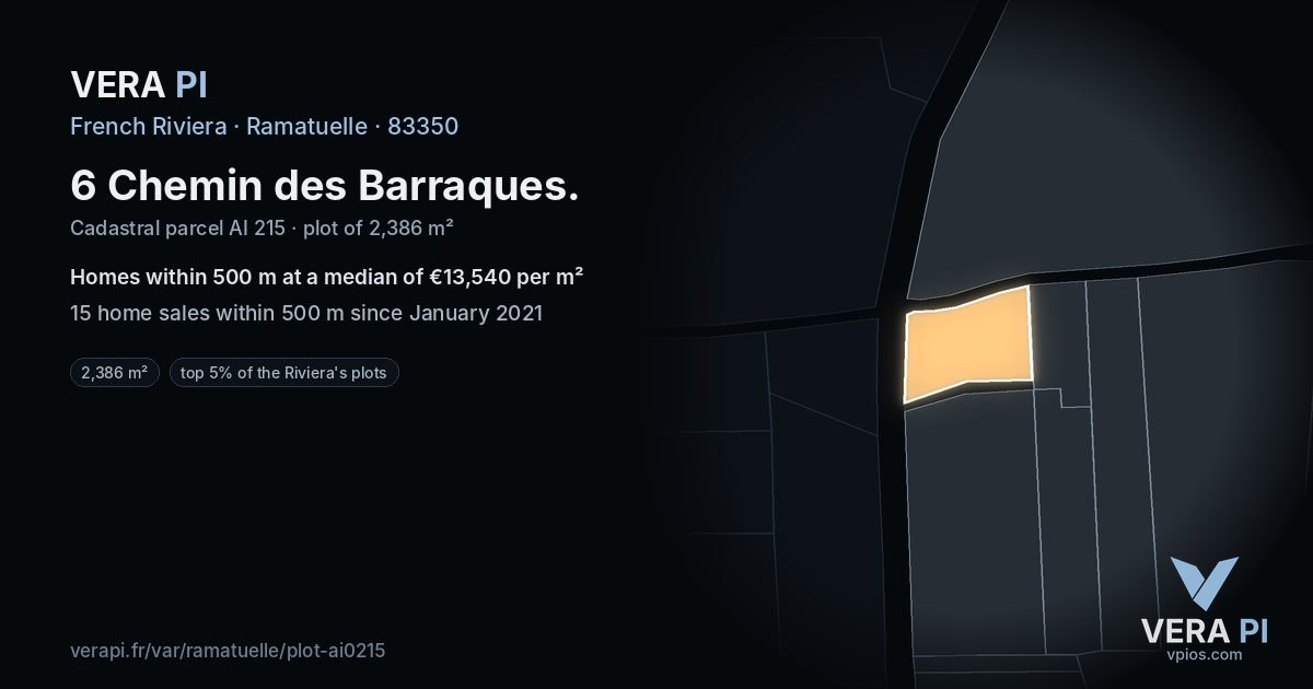 6 Chemin des Barraques, Ramatuelle at night – the plot lit, the parcels around coloured by the prices near them