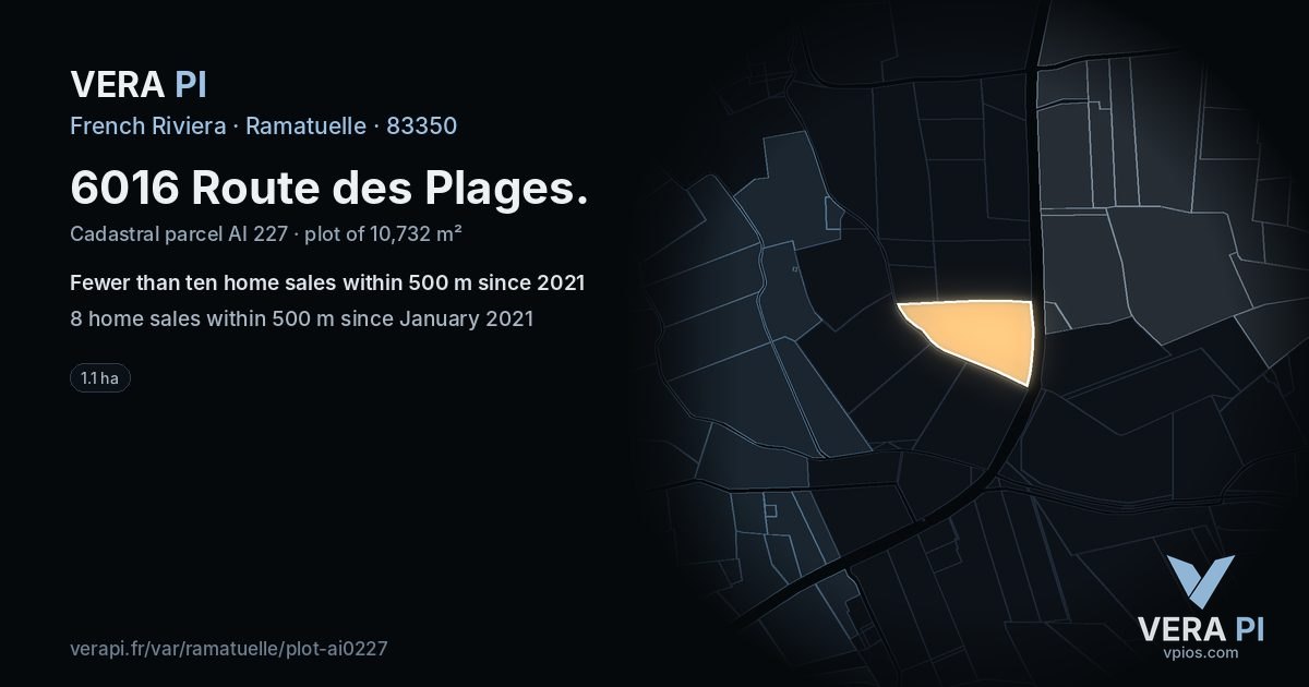 6016 Route des Plages, Ramatuelle at night – the plot lit, the parcels around coloured by the prices near them