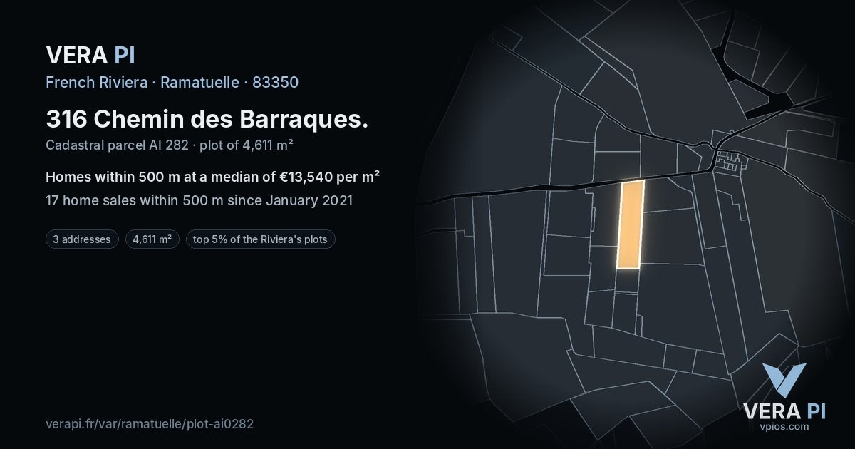 316 Chemin des Barraques, Ramatuelle at night – the plot lit, the parcels around coloured by the prices near them