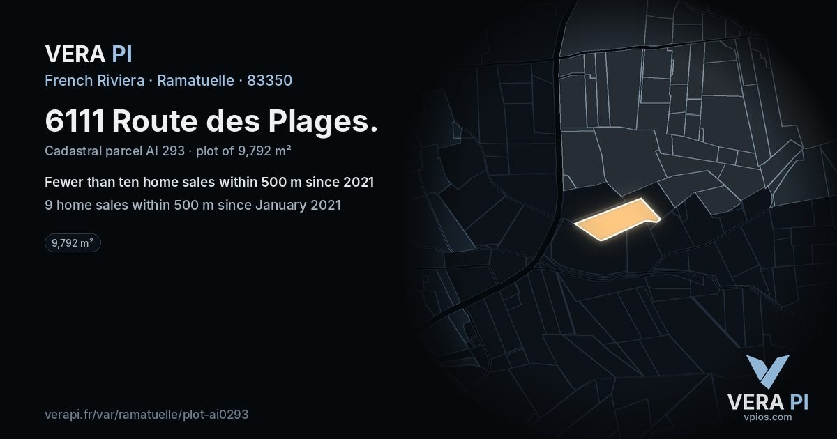 6111 Route des Plages, Ramatuelle at night – the plot lit, the parcels around coloured by the prices near them