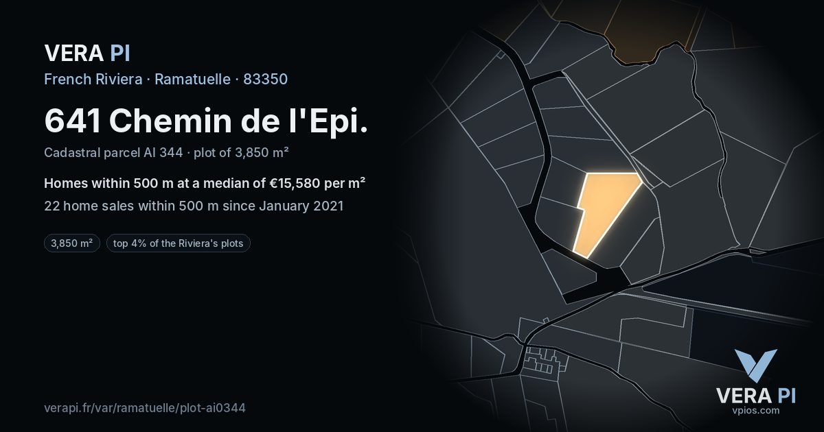 641 Chemin de l'Epi, Ramatuelle at night – the plot lit, the parcels around coloured by the prices near them