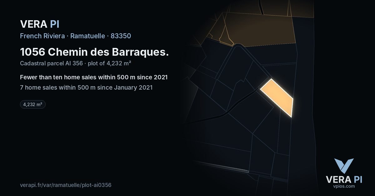 1056 Chemin des Barraques, Ramatuelle at night – the plot lit, the parcels around coloured by the prices near them