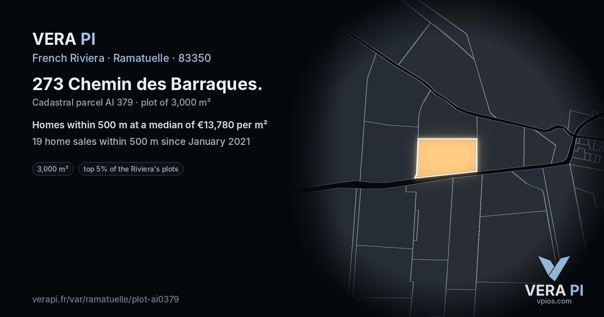 273 Chemin des Barraques, Ramatuelle at night – the plot lit, the parcels around coloured by the prices near them
