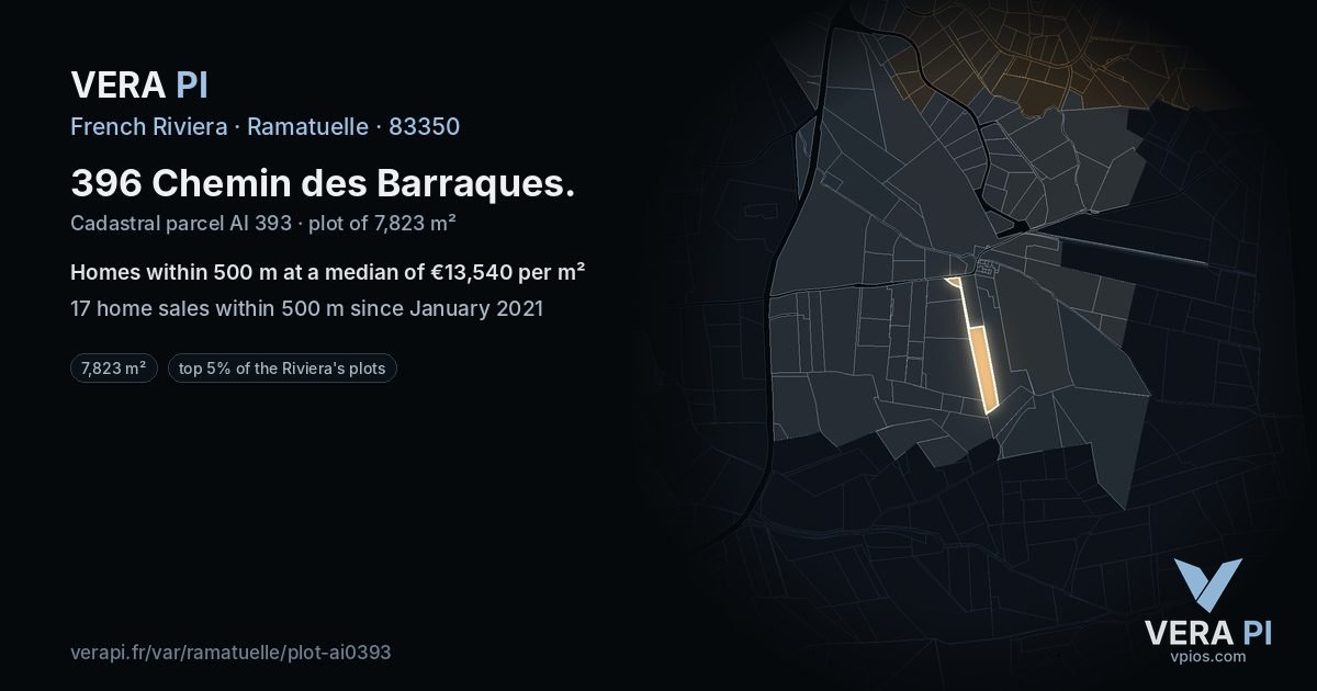 396 Chemin des Barraques, Ramatuelle at night – the plot lit, the parcels around coloured by the prices near them