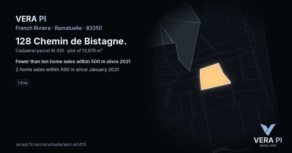 128 Chemin de Bistagne, Ramatuelle at night – the plot lit, the parcels around coloured by the prices near them