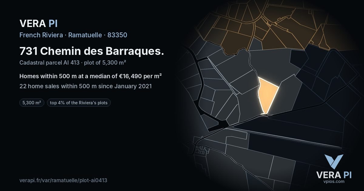 731 Chemin des Barraques, Ramatuelle at night – the plot lit, the parcels around coloured by the prices near them