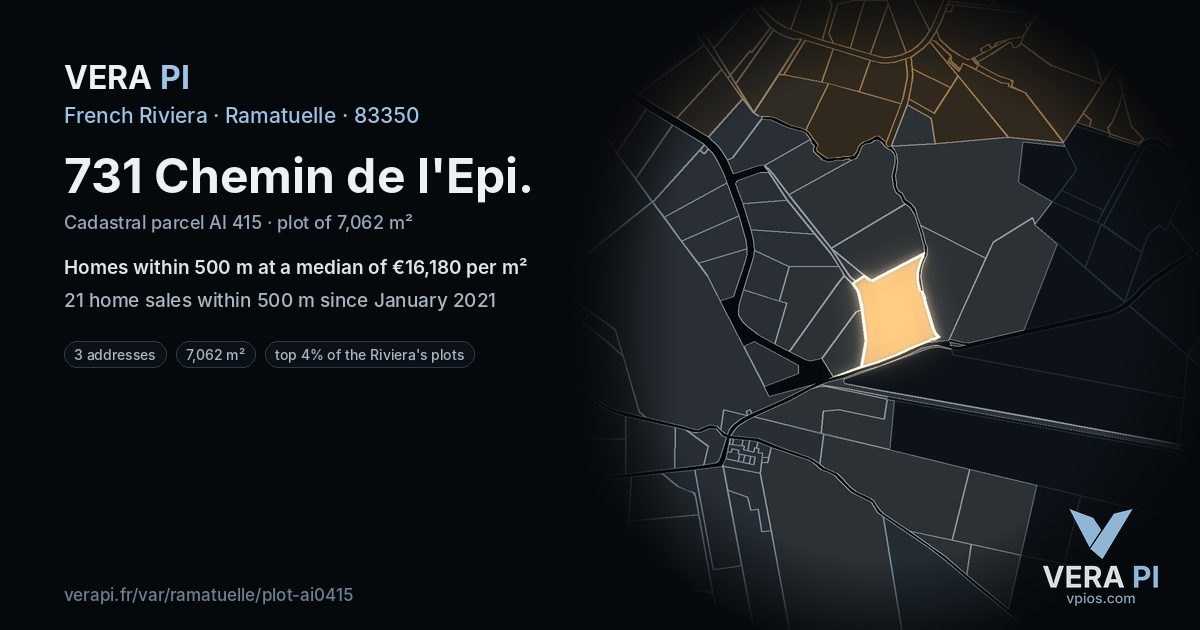 731 Chemin de l'Epi, Ramatuelle at night – the plot lit, the parcels around coloured by the prices near them
