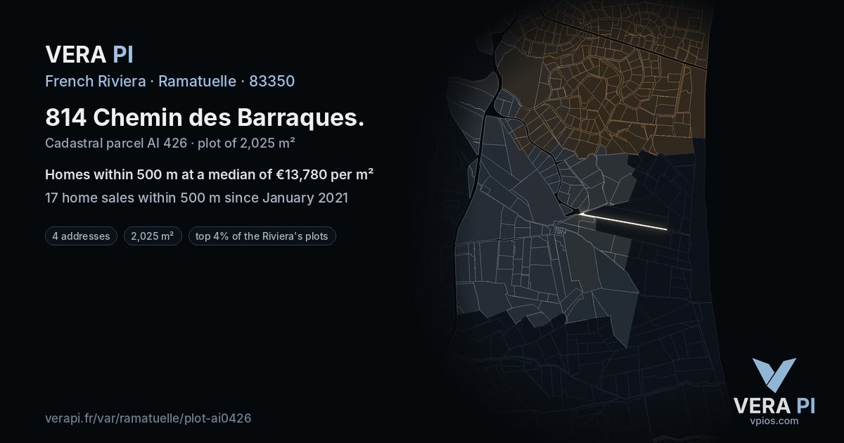 814 Chemin des Barraques, Ramatuelle at night – the plot lit, the parcels around coloured by the prices near them