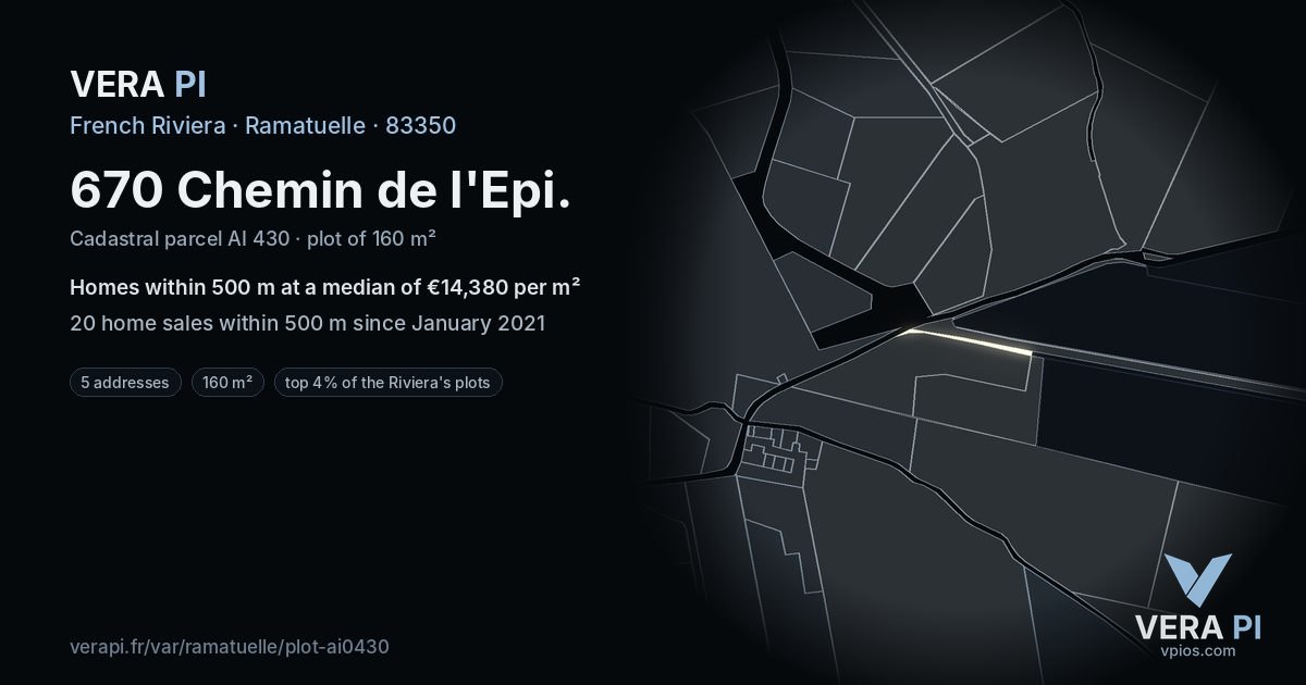 670 Chemin de l'Epi, Ramatuelle at night – the plot lit, the parcels around coloured by the prices near them