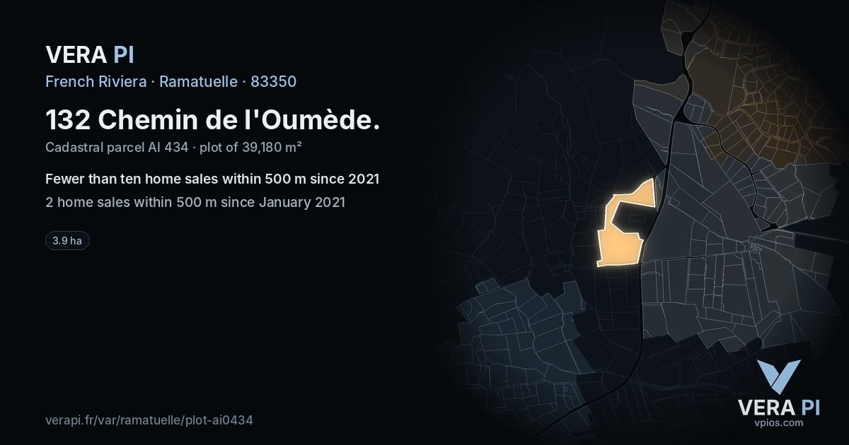132 Chemin de l'Oumède, Ramatuelle at night – the plot lit, the parcels around coloured by the prices near them
