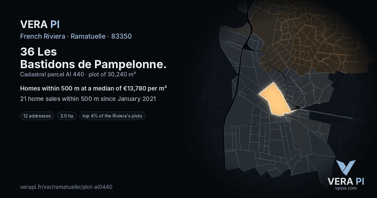 36 Les Bastidons de Pampelonne, Ramatuelle at night – the plot lit, the parcels around coloured by the prices near them
