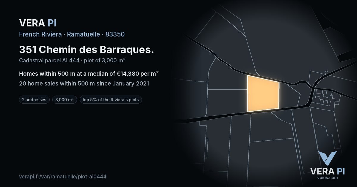 351 Chemin des Barraques, Ramatuelle at night – the plot lit, the parcels around coloured by the prices near them