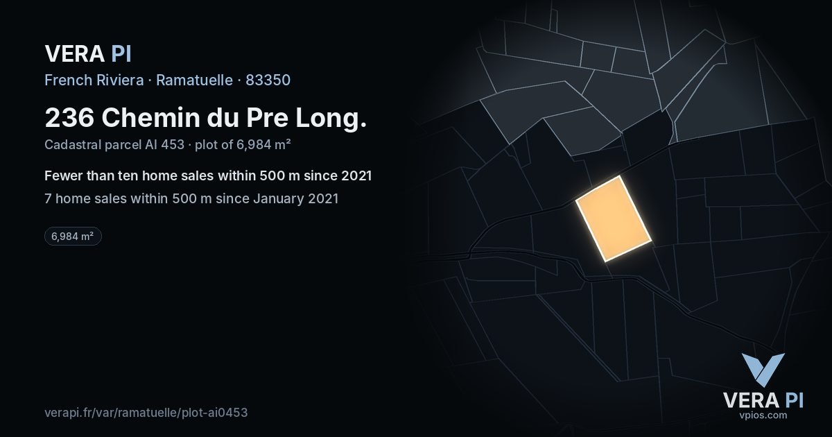236 Chemin du Pre Long, Ramatuelle at night – the plot lit, the parcels around coloured by the prices near them