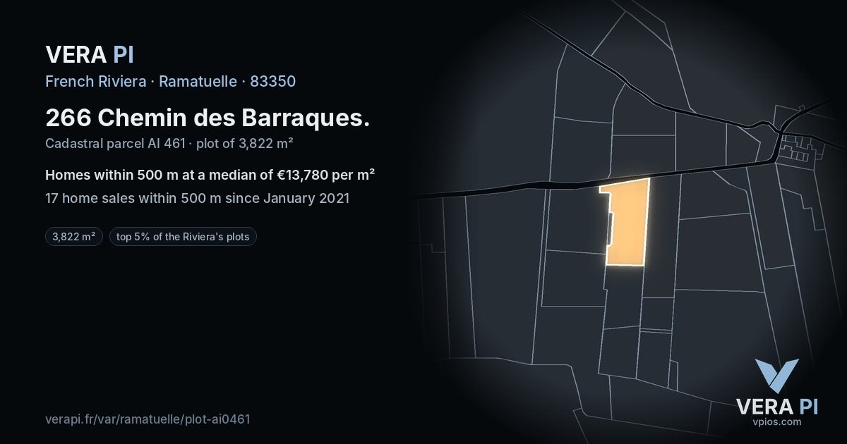266 Chemin des Barraques, Ramatuelle at night – the plot lit, the parcels around coloured by the prices near them