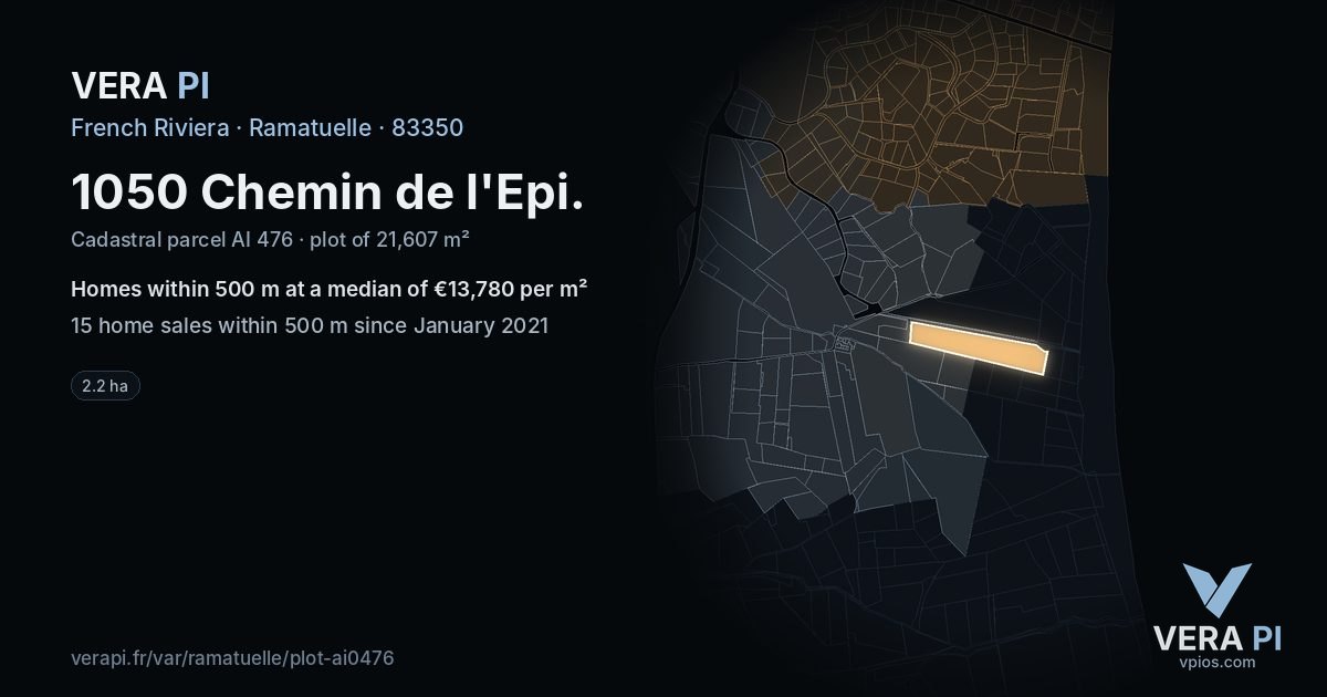 1050 Chemin de l'Epi, Ramatuelle at night – the plot lit, the parcels around coloured by the prices near them