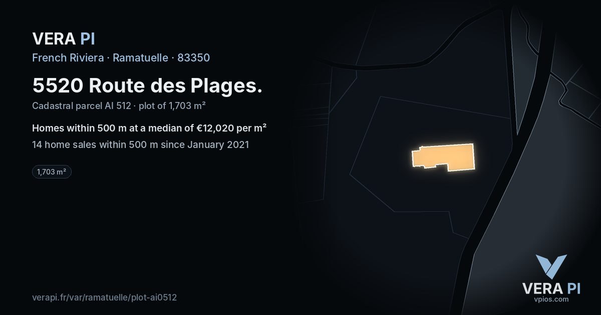 5520 Route des Plages, Ramatuelle at night – the plot lit, the parcels around coloured by the prices near them