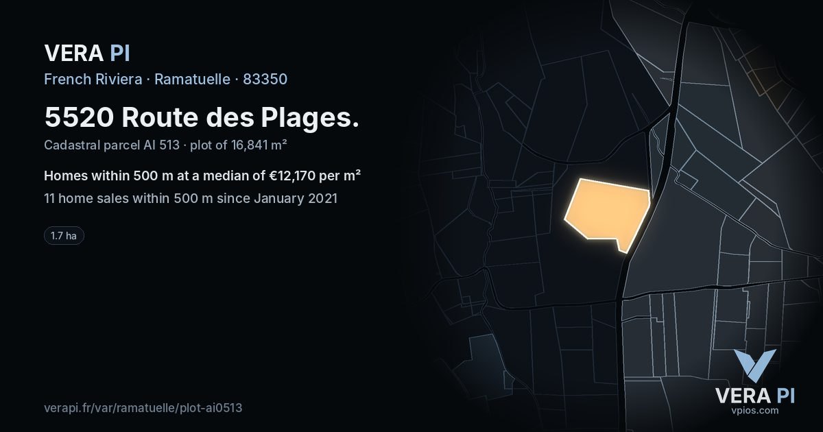 5520 Route des Plages, Ramatuelle at night – the plot lit, the parcels around coloured by the prices near them