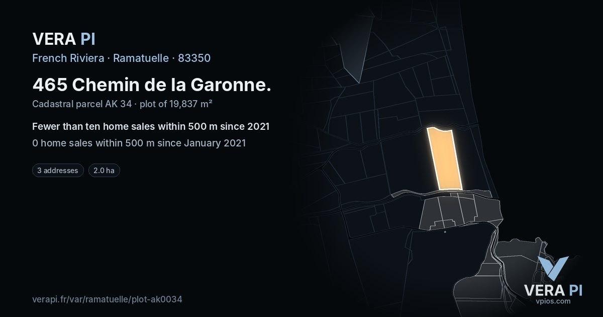 465 Chemin de la Garonne, Ramatuelle at night – the plot lit, the parcels around coloured by the prices near them