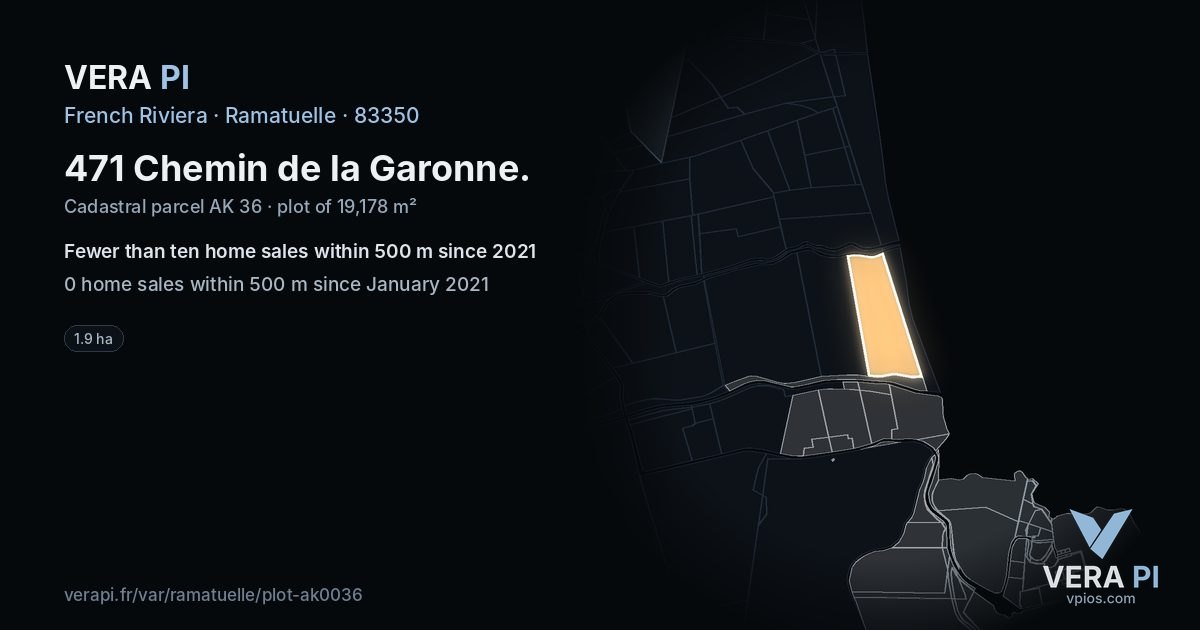 471 Chemin de la Garonne, Ramatuelle at night – the plot lit, the parcels around coloured by the prices near them