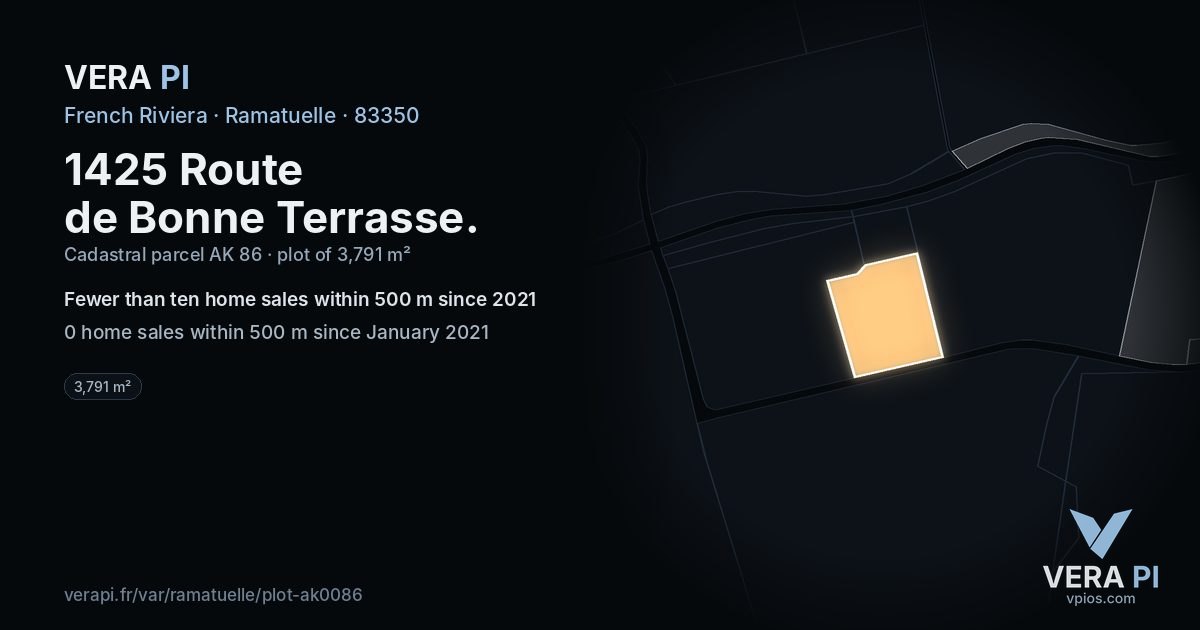 1425 Route de Bonne Terrasse, Ramatuelle at night – the plot lit, the parcels around coloured by the prices near them