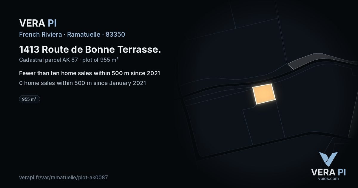 1413 Route de Bonne Terrasse, Ramatuelle at night – the plot lit, the parcels around coloured by the prices near them