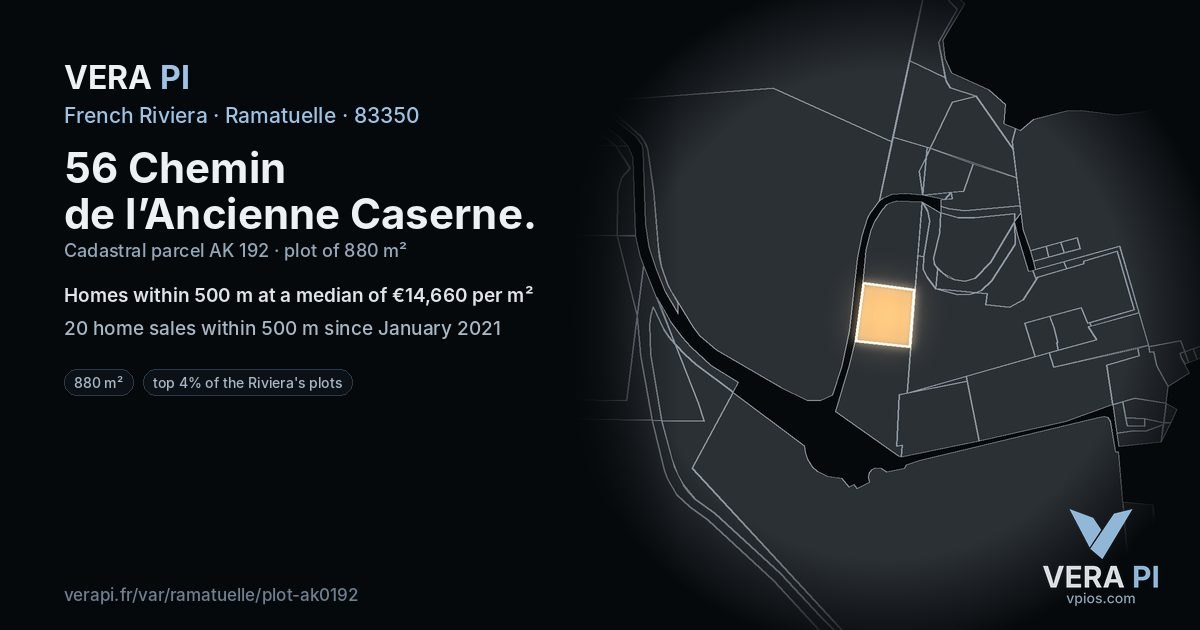 56 Chemin de l’Ancienne Caserne, Ramatuelle at night – the plot lit, the parcels around coloured by the prices near them