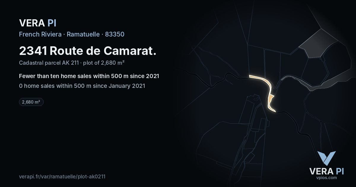 2341 Route de Camarat, Ramatuelle at night – the plot lit, the parcels around coloured by the prices near them