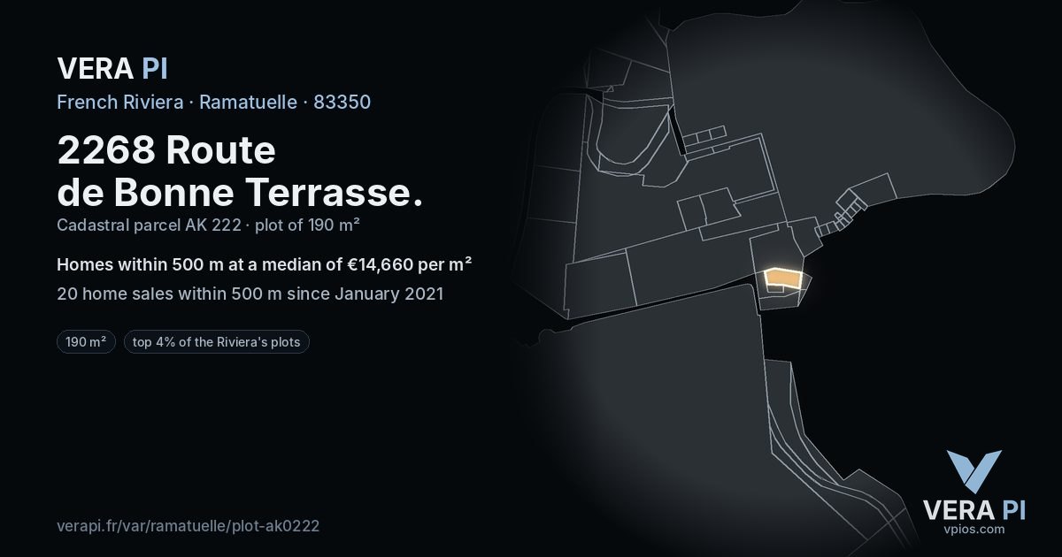 2268 Route de Bonne Terrasse, Ramatuelle at night – the plot lit, the parcels around coloured by the prices near them