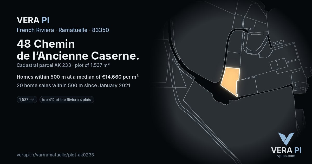 48 Chemin de l’Ancienne Caserne, Ramatuelle at night – the plot lit, the parcels around coloured by the prices near them