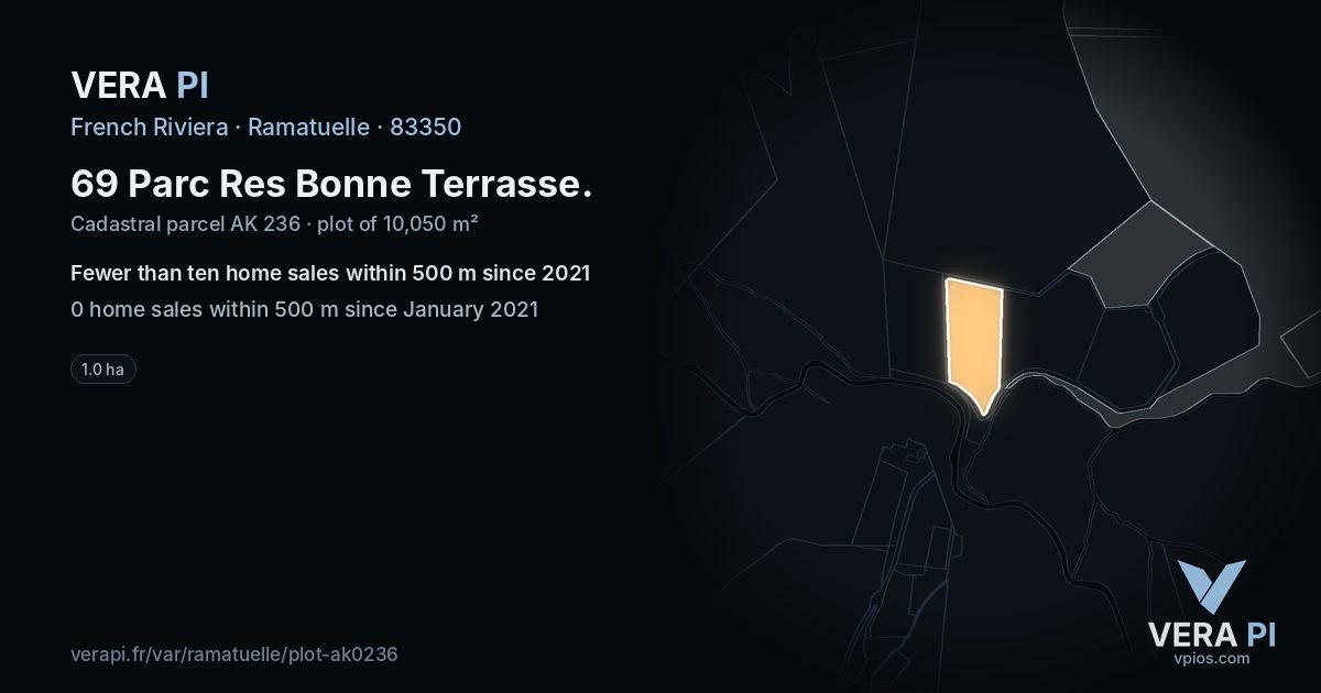 69 Parc Res Bonne Terrasse, Ramatuelle at night – the plot lit, the parcels around coloured by the prices near them