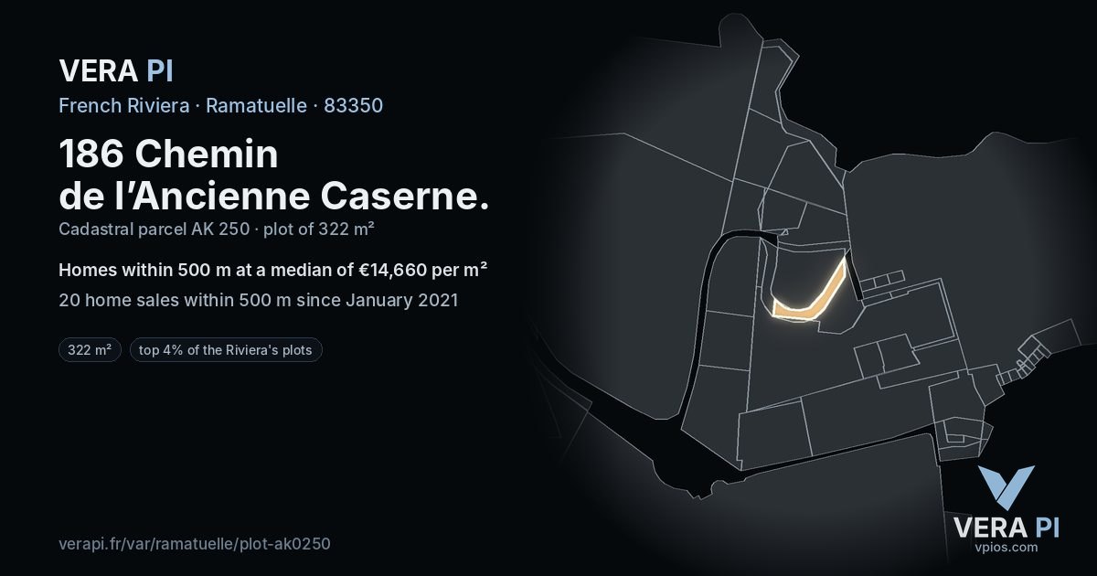 186 Chemin de l’Ancienne Caserne, Ramatuelle at night – the plot lit, the parcels around coloured by the prices near them