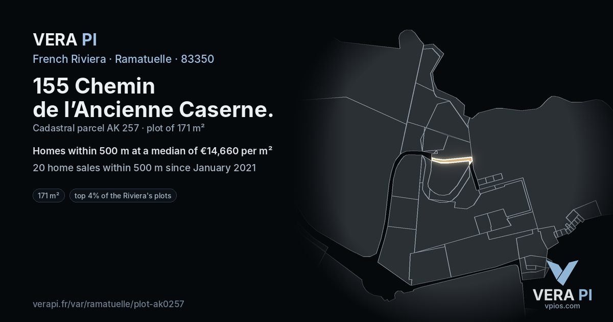 155 Chemin de l’Ancienne Caserne, Ramatuelle at night – the plot lit, the parcels around coloured by the prices near them