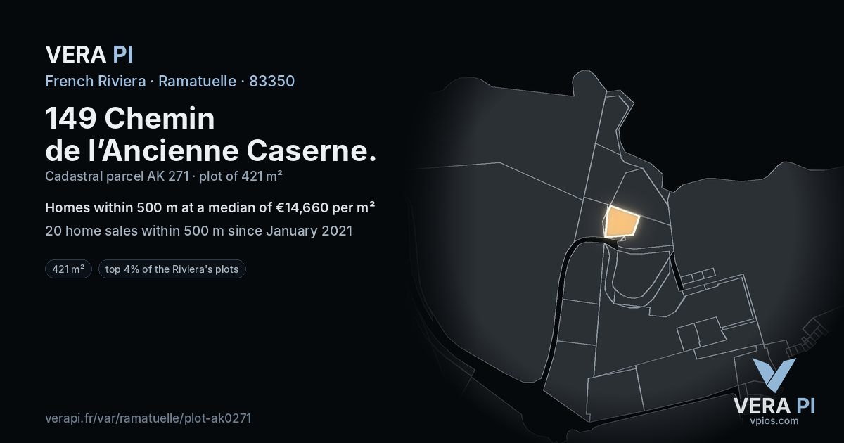149 Chemin de l’Ancienne Caserne, Ramatuelle at night – the plot lit, the parcels around coloured by the prices near them