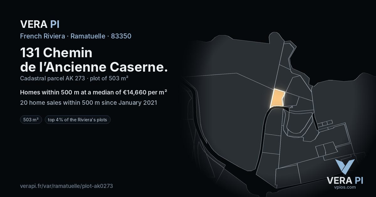 131 Chemin de l’Ancienne Caserne, Ramatuelle at night – the plot lit, the parcels around coloured by the prices near them