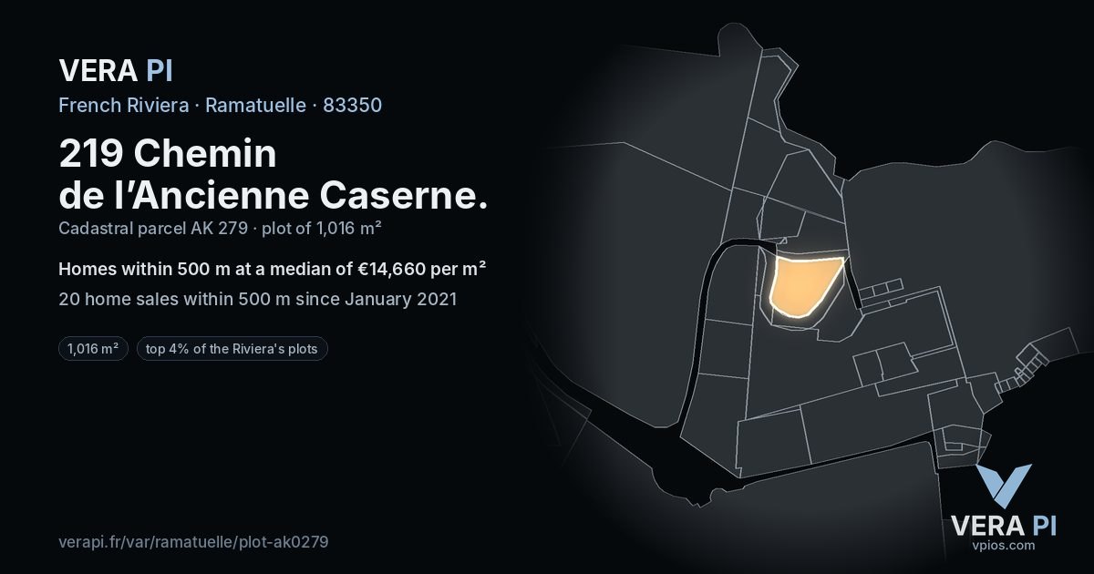 219 Chemin de l’Ancienne Caserne, Ramatuelle at night – the plot lit, the parcels around coloured by the prices near them