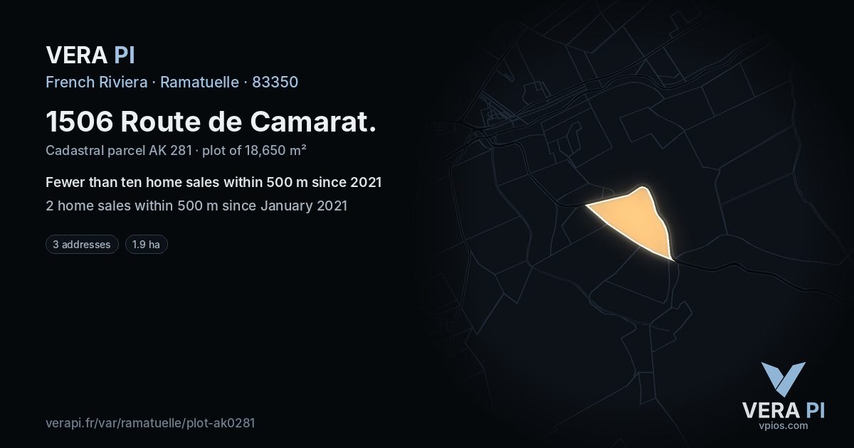 1506 Route de Camarat, Ramatuelle at night – the plot lit, the parcels around coloured by the prices near them