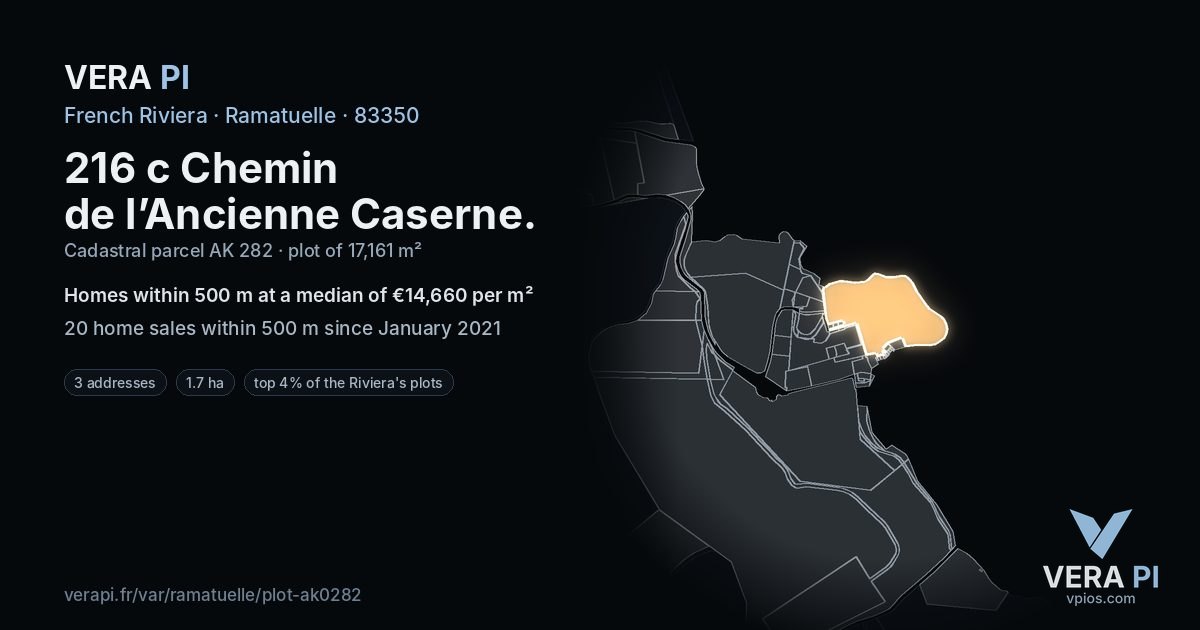216 c Chemin de l’Ancienne Caserne, Ramatuelle at night – the plot lit, the parcels around coloured by the prices near them