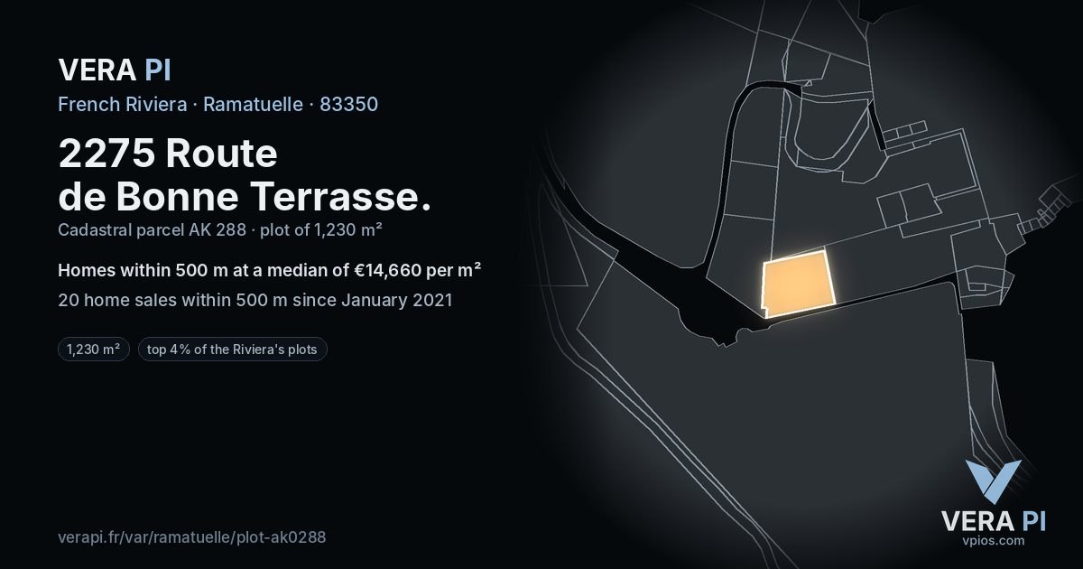 2275 Route de Bonne Terrasse, Ramatuelle at night – the plot lit, the parcels around coloured by the prices near them