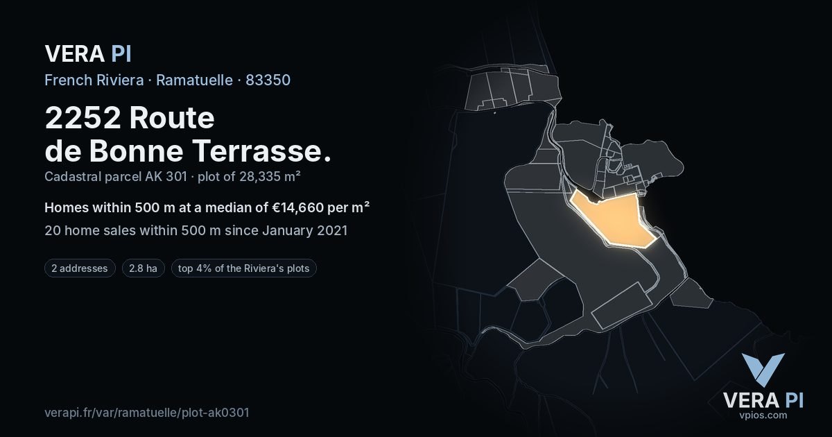 2252 Route de Bonne Terrasse, Ramatuelle at night – the plot lit, the parcels around coloured by the prices near them