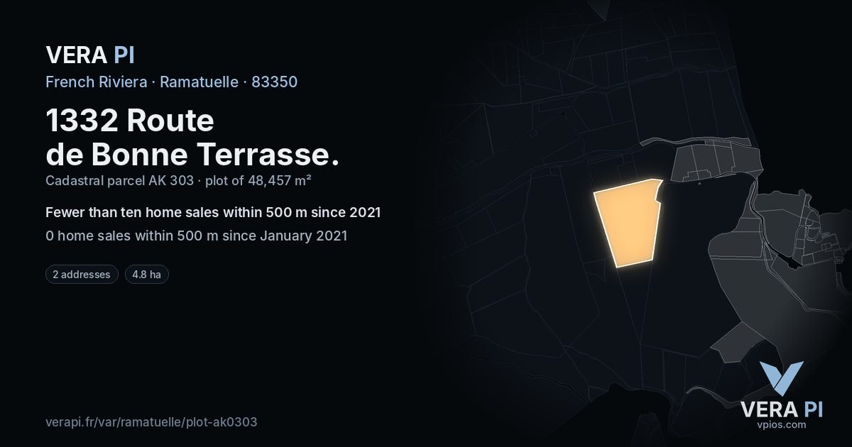1332 Route de Bonne Terrasse, Ramatuelle at night – the plot lit, the parcels around coloured by the prices near them