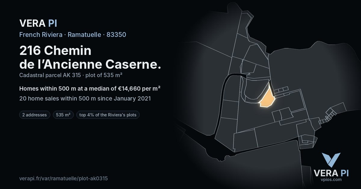 216 Chemin de l’Ancienne Caserne, Ramatuelle at night – the plot lit, the parcels around coloured by the prices near them