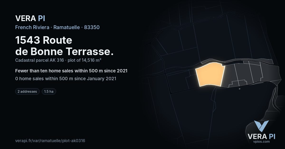 1543 Route de Bonne Terrasse, Ramatuelle at night – the plot lit, the parcels around coloured by the prices near them