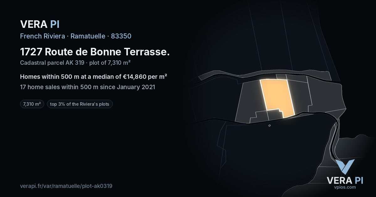 1727 Route de Bonne Terrasse, Ramatuelle at night – the plot lit, the parcels around coloured by the prices near them