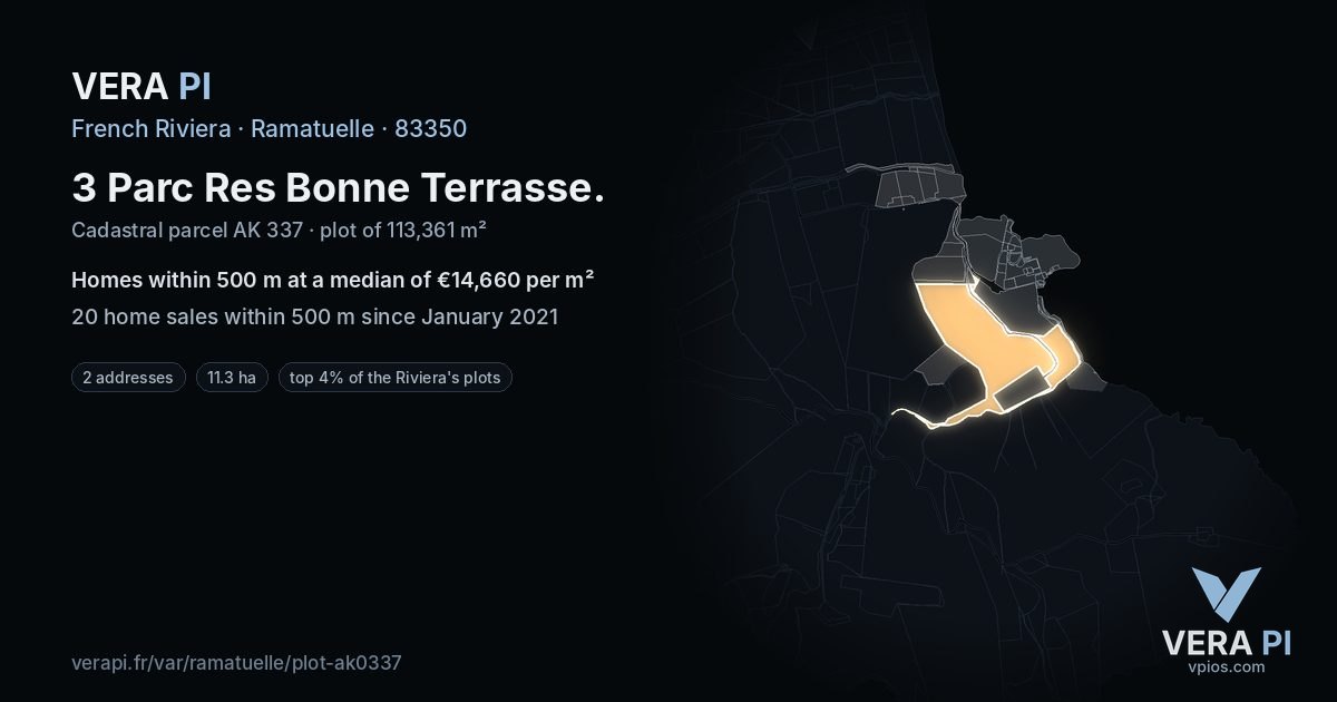 3 Parc Res Bonne Terrasse, Ramatuelle at night – the plot lit, the parcels around coloured by the prices near them