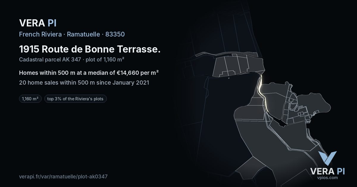1915 Route de Bonne Terrasse, Ramatuelle at night – the plot lit, the parcels around coloured by the prices near them