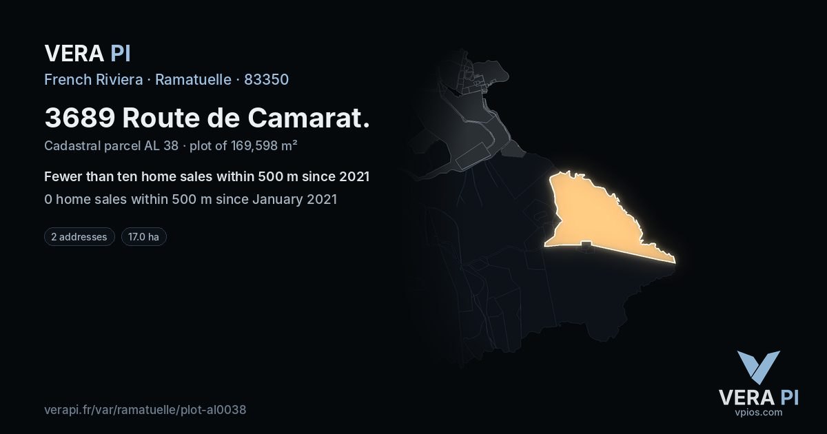 3689 Route de Camarat, Ramatuelle at night – the plot lit, the parcels around coloured by the prices near them
